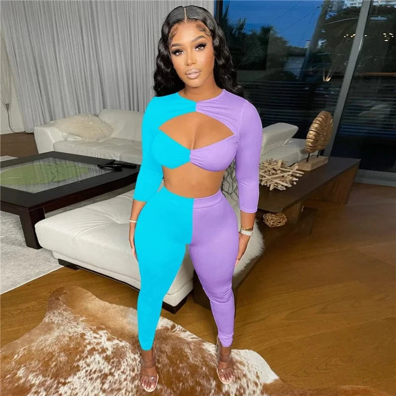 Color Block Patchwork Two Piece Set Women Cut Out Crop Top and Pants Leggings Club Outfits for Women Matching Sets Tracksuit