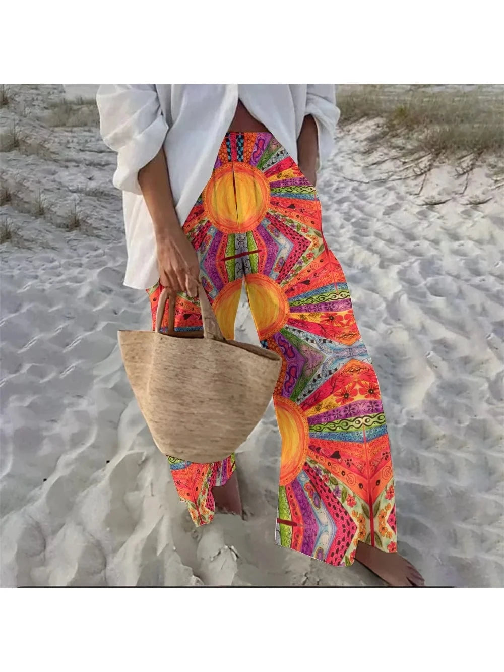 Color Printed Beach Pants Casual Loose Vacation Style Wide-Leg Pants Women's Fashion New Hawaiian Straight Trousers