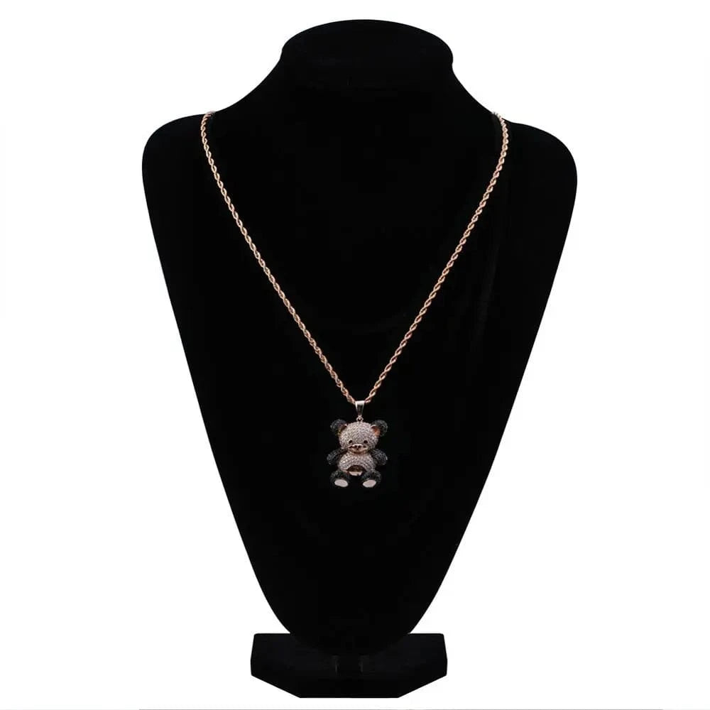 Colored Zircon Hiphop Cute Cartoon Bear Pendant Necklace Jewelry
