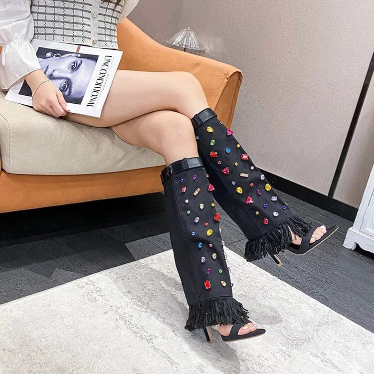 Colorful Diamond New Fashion Stiletto Heel Open Toe Cut Pants Shoes Luxury Heel Crystal Women Denim Boots