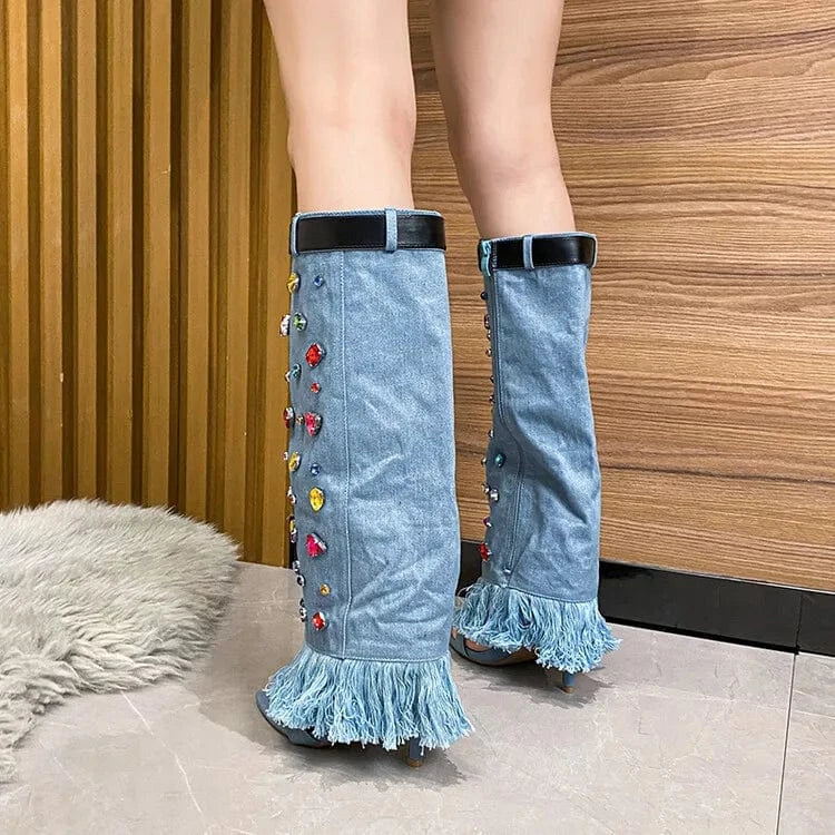 Colorful Diamond New Fashion Stiletto Heel Open Toe Cut Pants Shoes Luxury Heel Crystal Women Denim Boots