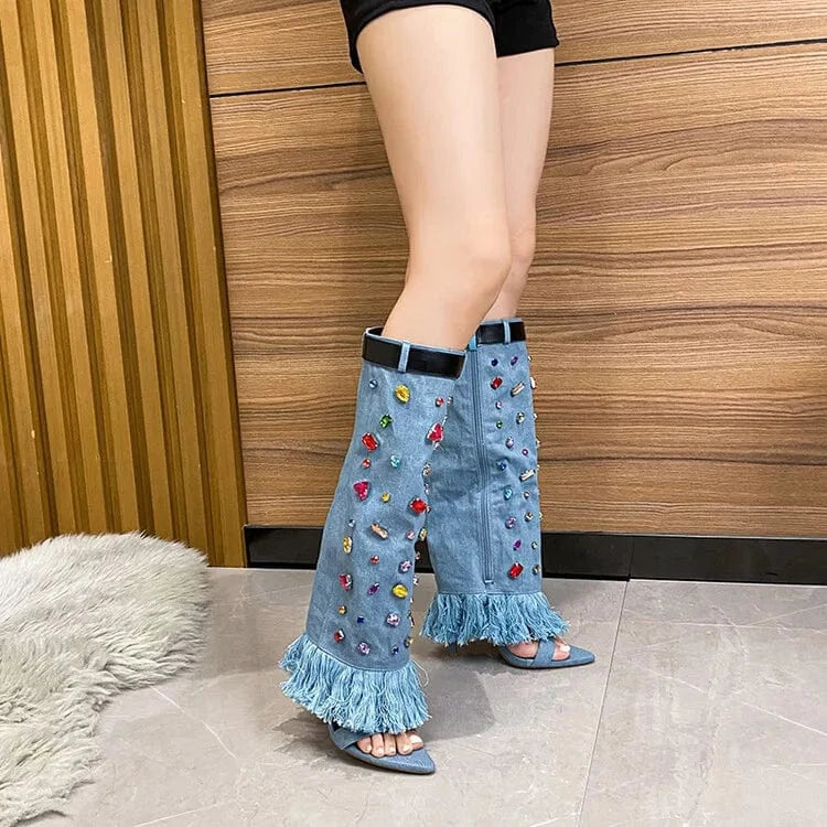 Colorful Diamond New Fashion Stiletto Heel Open Toe Cut Pants Shoes Luxury Heel Crystal Women Denim Boots