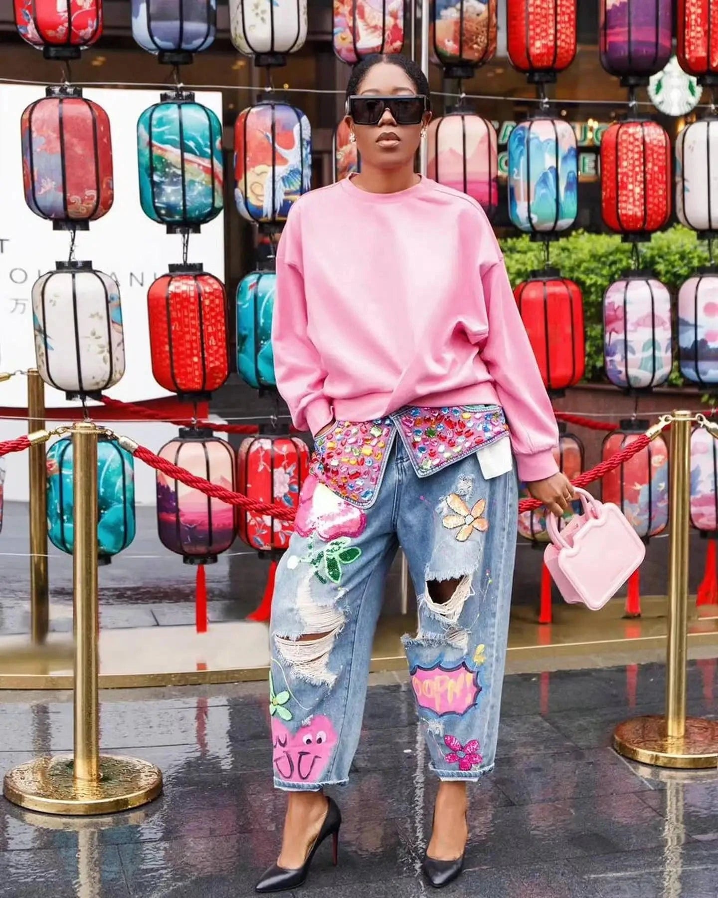 Colorful Embroidered Ripped Baggy Jeans
