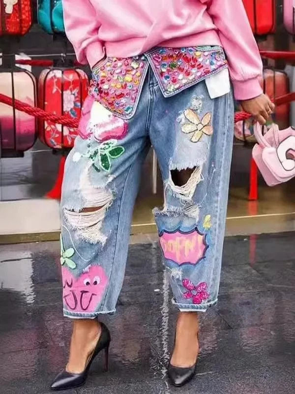 Colorful Embroidered Ripped Baggy Jeans