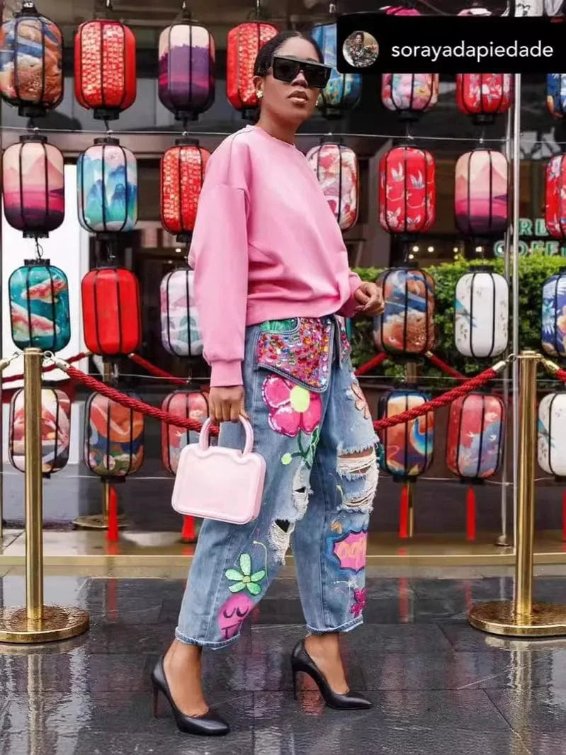 Colorful Embroidered Ripped Baggy Jeans