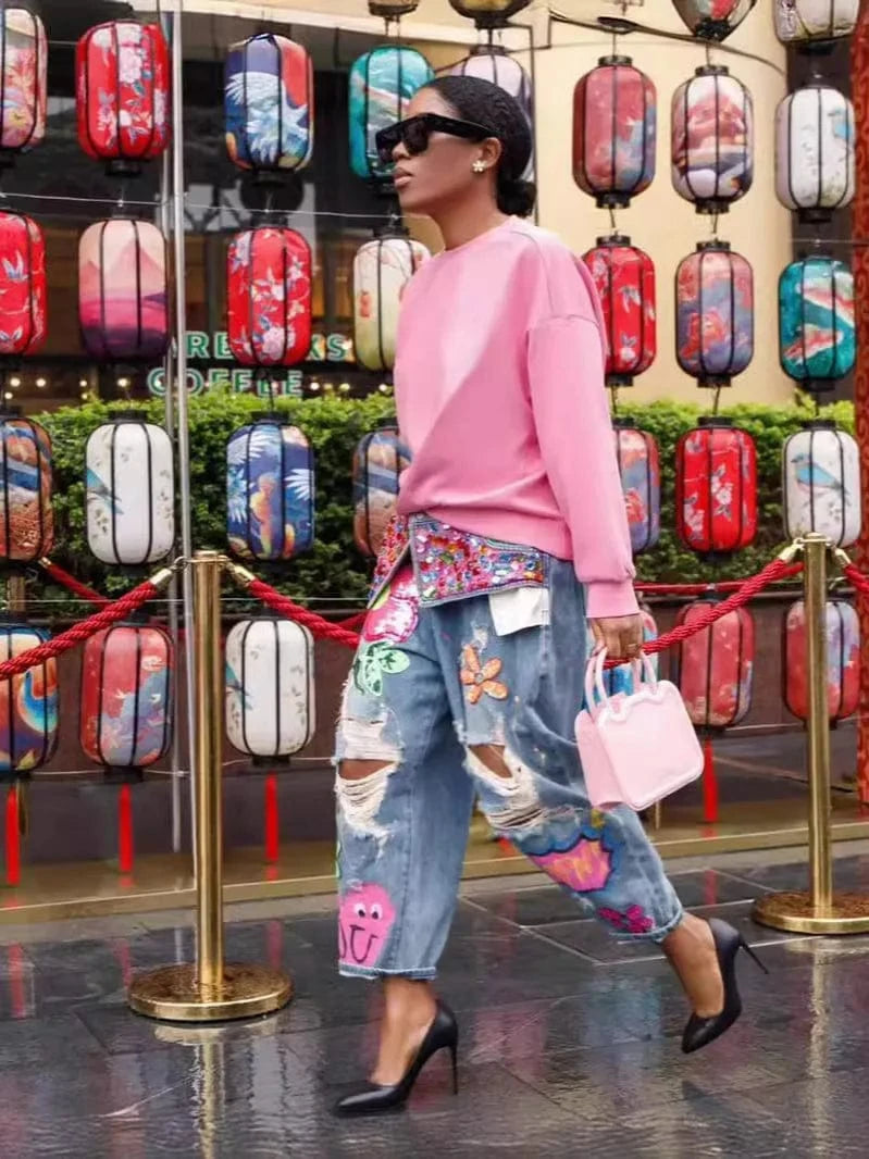 Colorful Embroidered Ripped Baggy Jeans