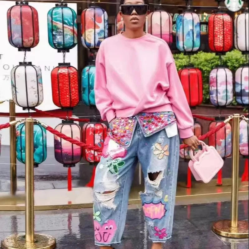 Colorful Embroidered Ripped Baggy Jeans