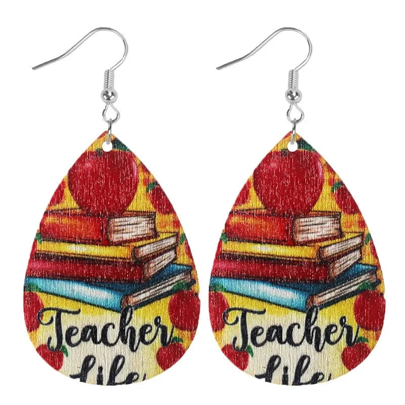Colorful Fancy Teachers'Day Gift Water Drop Wood Pendant earrings Learning season teacher Wooden earrings