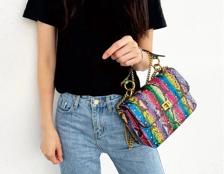 colorful good quality women purse colorful snake skin print handbag design 2024 wholesale luxury female snake chain handbag
