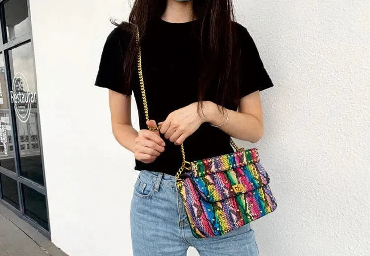 colorful good quality women purse colorful snake skin print handbag design 2024 wholesale luxury female snake chain handbag