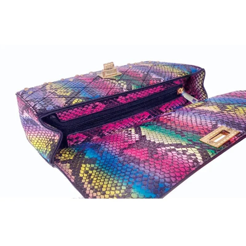 colorful good quality women purse colorful snake skin print handbag design 2024 wholesale luxury female snake chain handbag