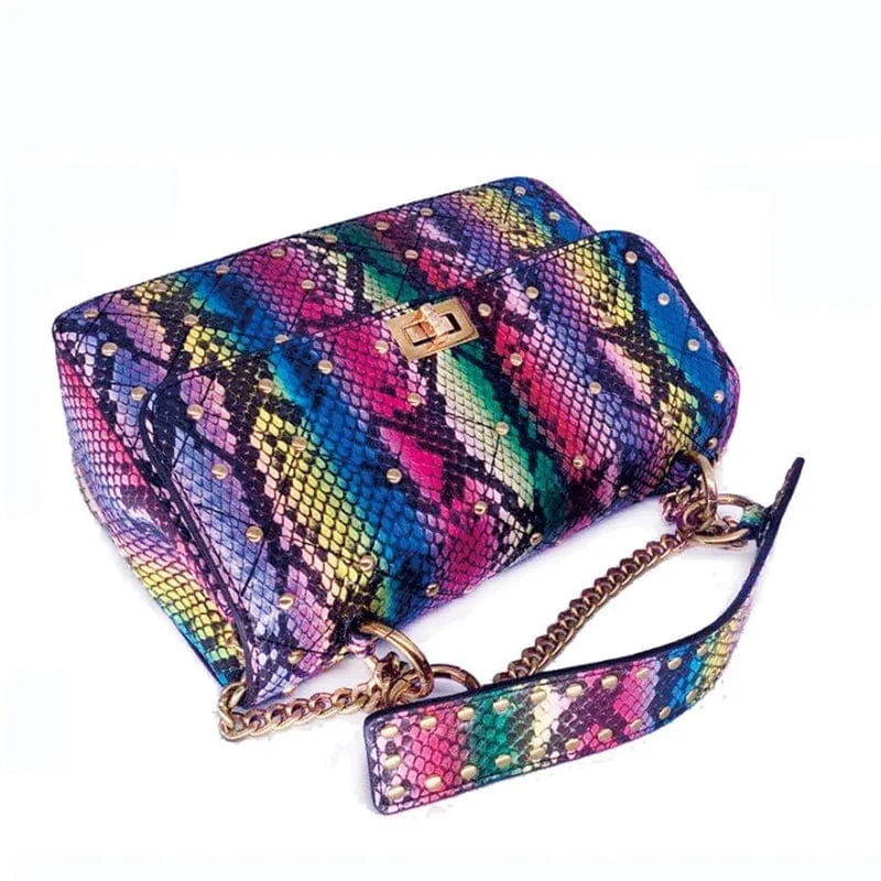 colorful good quality women purse colorful snake skin print handbag design 2024 wholesale luxury female snake chain handbag