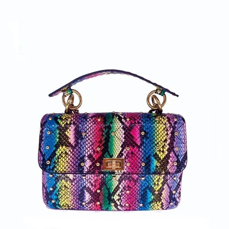 colorful good quality women purse colorful snake skin print handbag design 2024 wholesale luxury female snake chain handbag