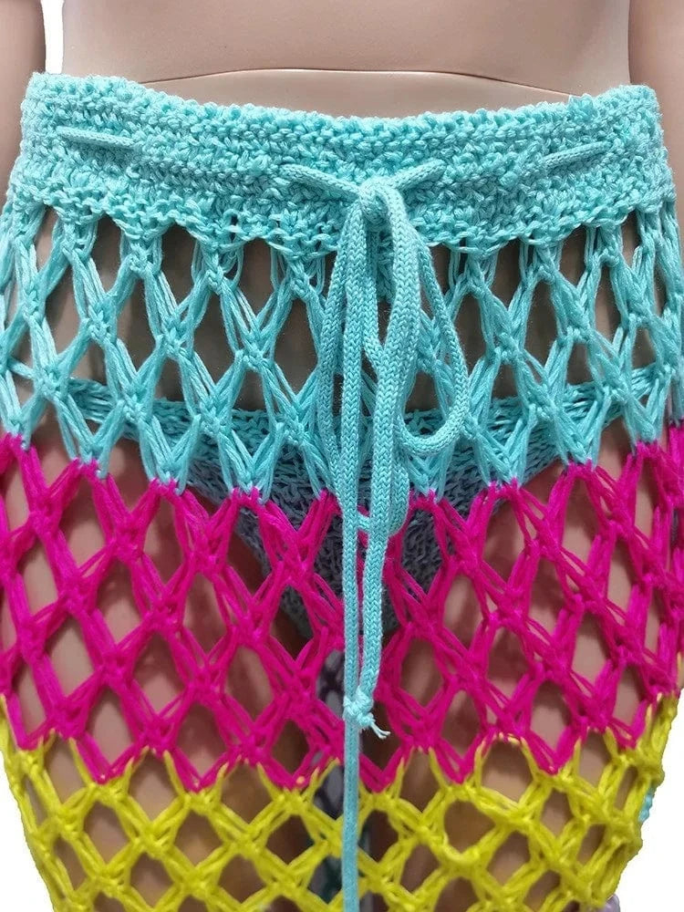 Colorful Knit Crochet Bikini Set with Drawstring See Through Maxi Skirt 3 Piece Sets 2024 Summer Holiday Beach Outfits