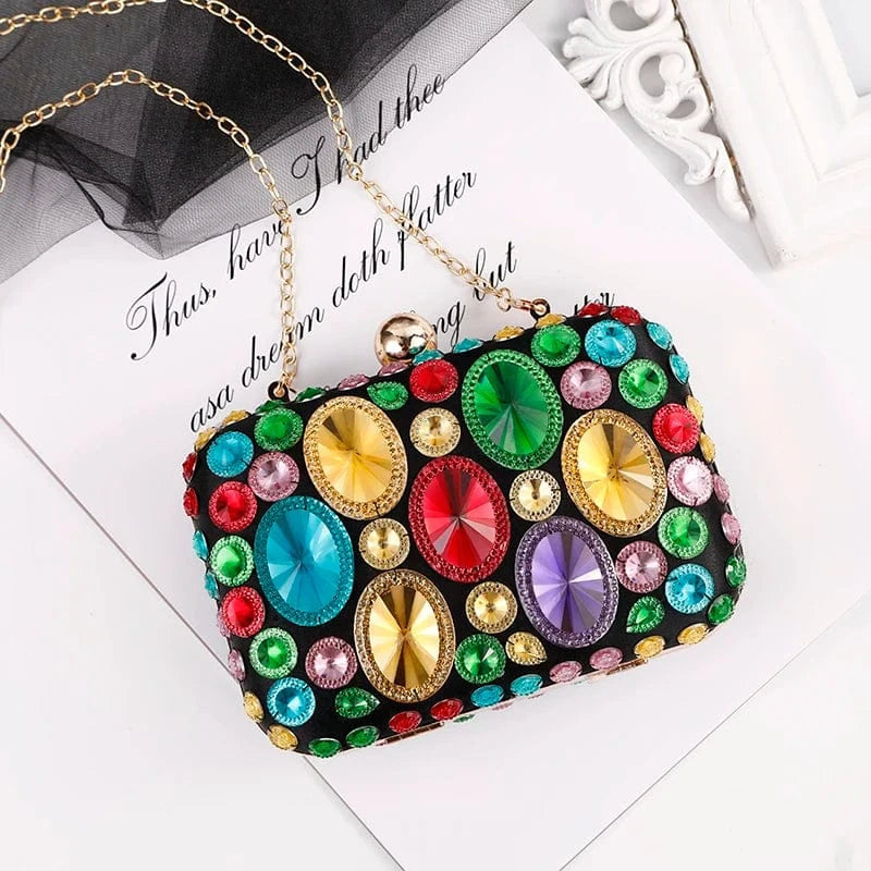 Colorful Luxury Color Crystal Hasp Ladies Dinner Purse Small Chains Handbags Clutch Bag Women Clutches Colorful Rhinestone Evening Bag