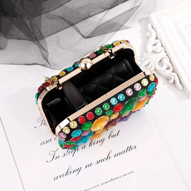 Colorful Luxury Color Crystal Hasp Ladies Dinner Purse Small Chains Handbags Clutch Bag Women Clutches Colorful Rhinestone Evening Bag