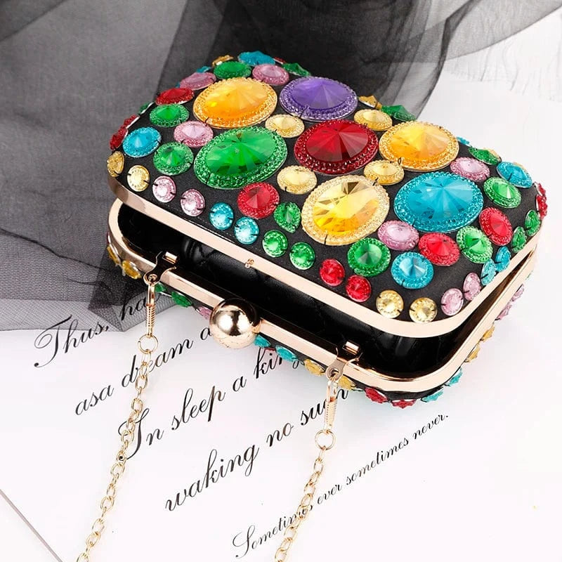 Colorful Luxury Color Crystal Hasp Ladies Dinner Purse Small Chains Handbags Clutch Bag Women Clutches Colorful Rhinestone Evening Bag