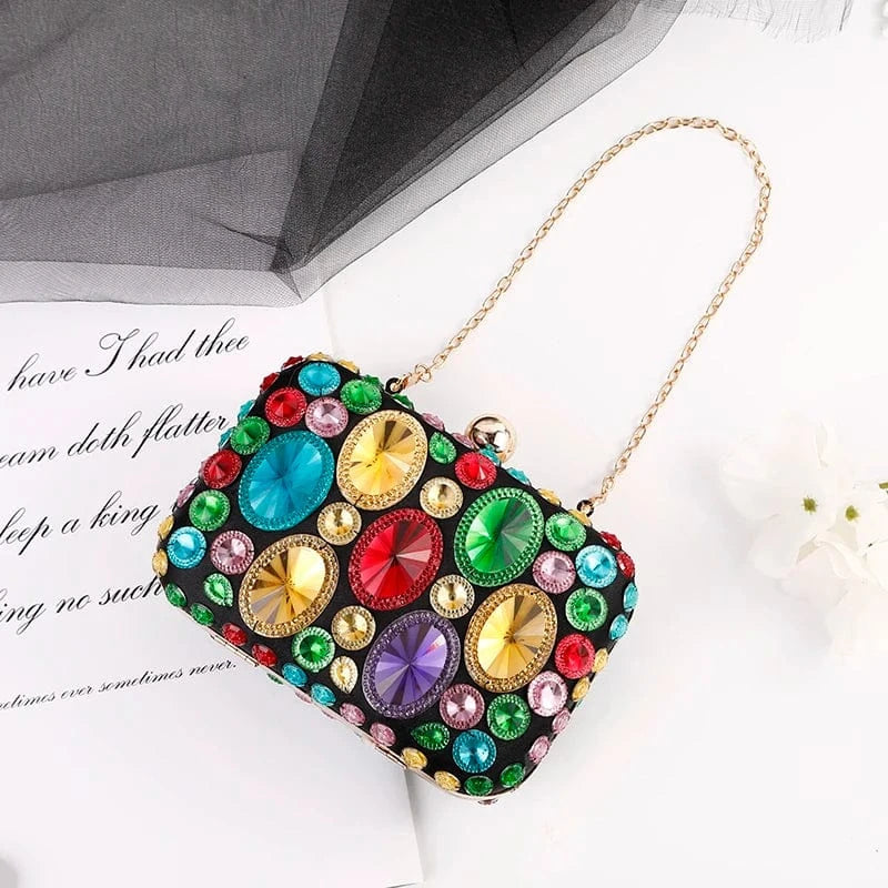 Colorful Luxury Color Crystal Hasp Ladies Dinner Purse Small Chains Handbags Clutch Bag Women Clutches Colorful Rhinestone Evening Bag
