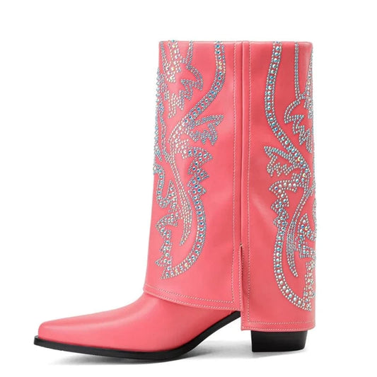 Colorful Rhinestone Pointed Toe Women's Pants Short Boots High Wedge Heels Overlay Cowboy Ankle Booties Western Style Shoes