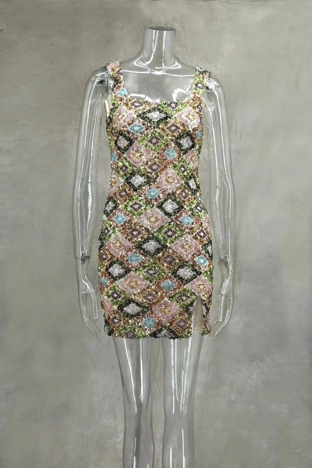 Colorful Rhombus Sequins Sexy Mini Dress Elegant Chic Straps Slit Bodycon Party Dresses Summer Holidays Evening Women Dress 2025