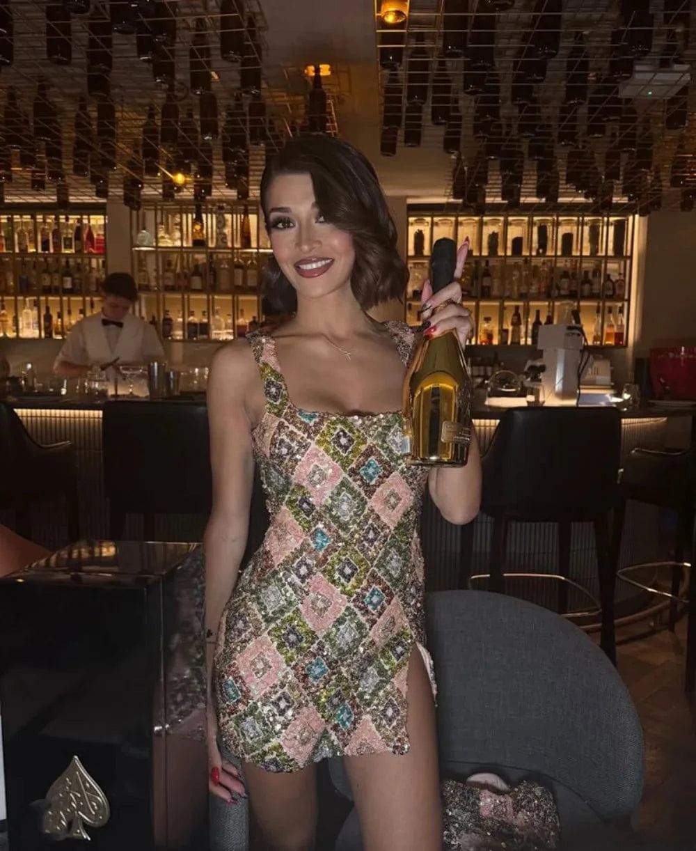 Colorful Rhombus Sequins Sexy Mini Dress Elegant Chic Straps Slit Bodycon Party Dresses Summer Holidays Evening Women Dress 2025