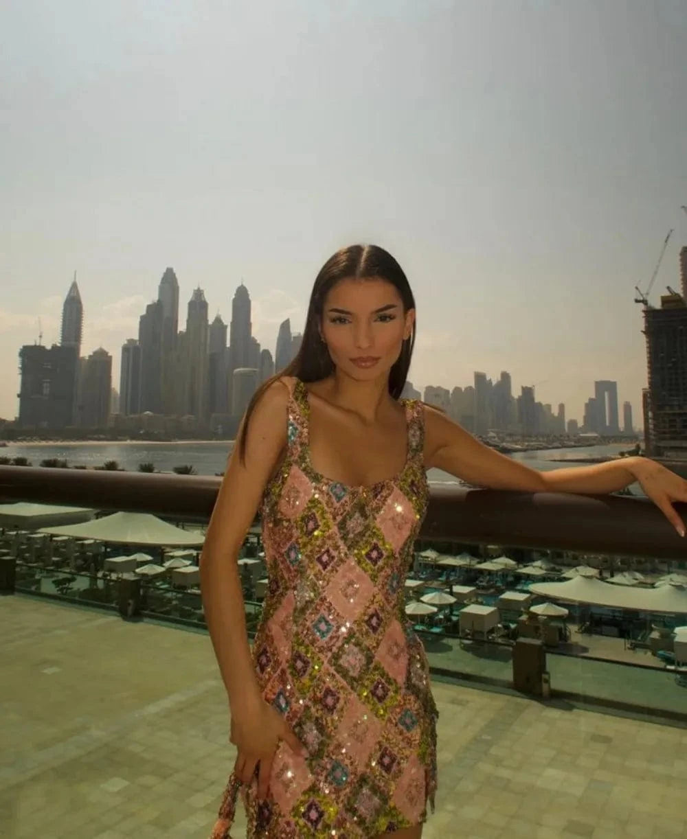 Colorful Rhombus Sequins Sexy Mini Dress Elegant Chic Straps Slit Bodycon Party Dresses Summer Holidays Evening Women Dress 2025