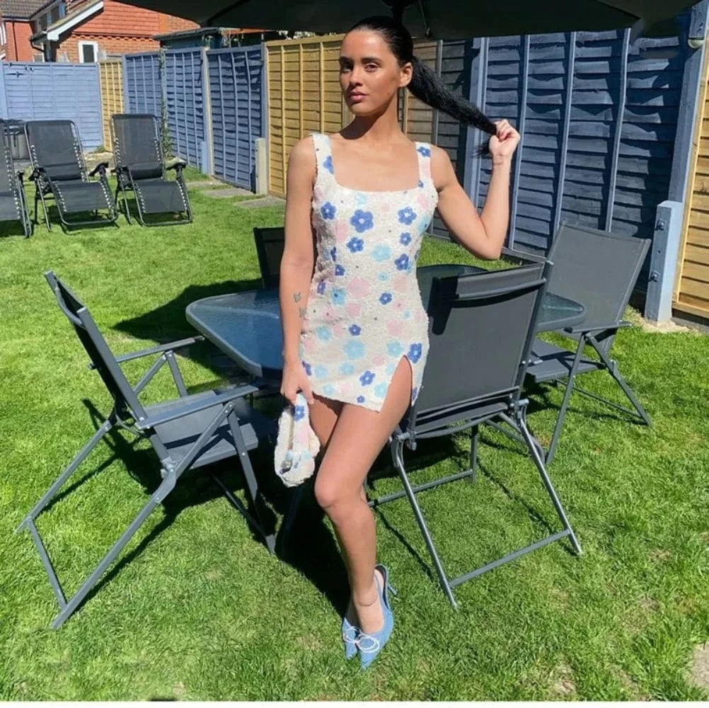 Colorful Rhombus Sequins Sexy Mini Dress Elegant Chic Straps Slit Bodycon Party Dresses Summer Holidays Evening Women Dress 2025