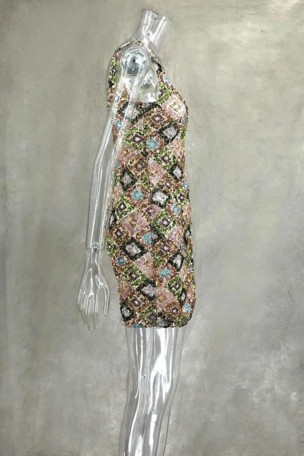 Colorful Rhombus Sequins Sexy Mini Dress Elegant Chic Straps Slit Bodycon Party Dresses Summer Holidays Evening Women Dress 2025