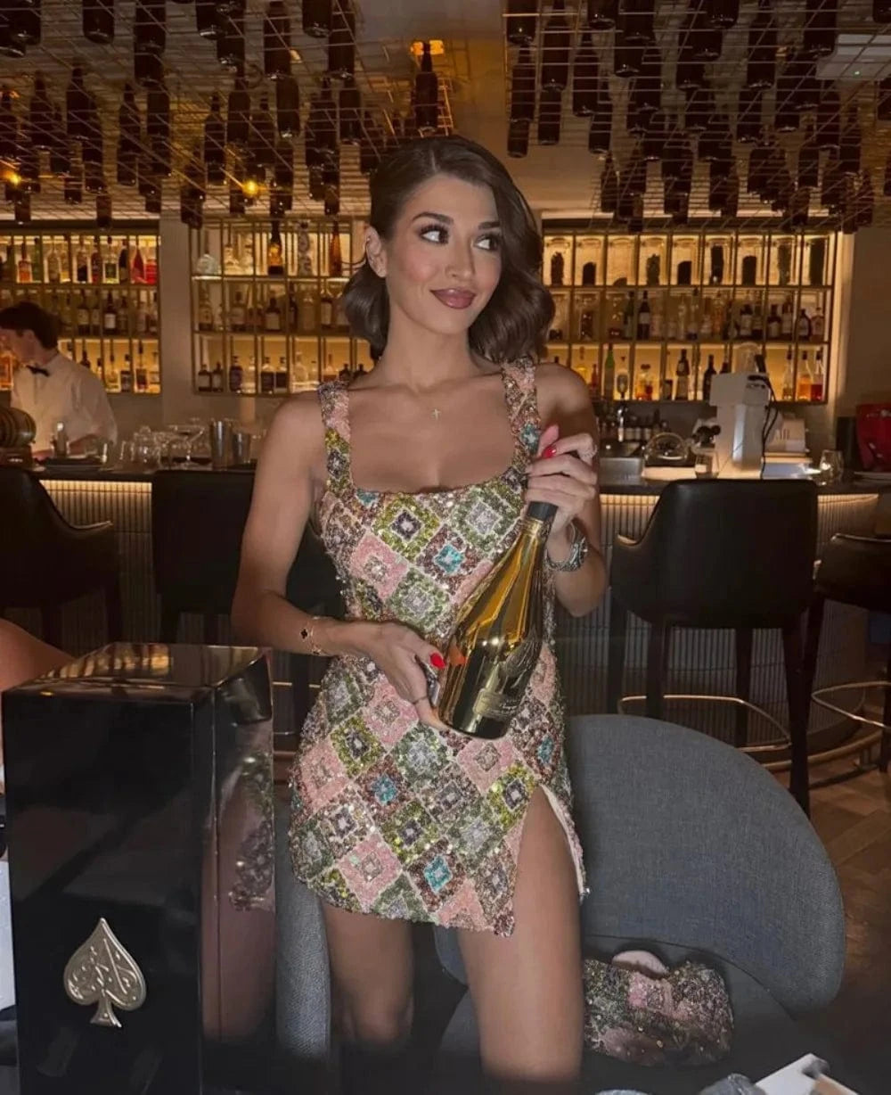 Colorful Rhombus Sequins Sexy Mini Dress Elegant Chic Straps Slit Bodycon Party Dresses Summer Holidays Evening Women Dress 2025