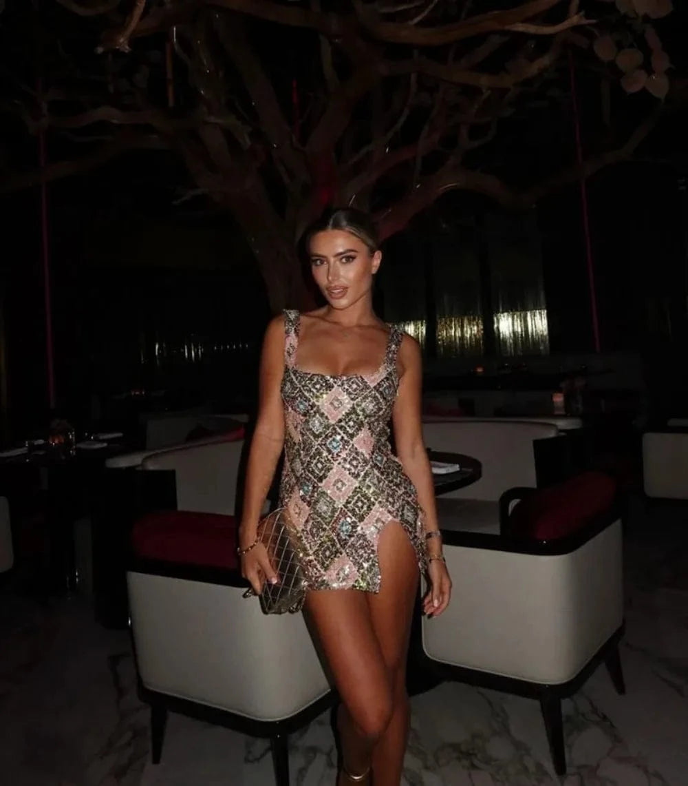 Colorful Rhombus Sequins Sexy Mini Dress Elegant Chic Straps Slit Bodycon Party Dresses Summer Holidays Evening Women Dress 2025