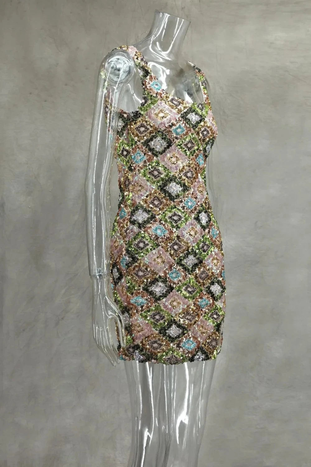 Colorful Rhombus Sequins Sexy Mini Dress Elegant Chic Straps Slit Bodycon Party Dresses Summer Holidays Evening Women Dress 2025