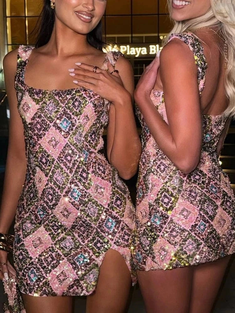 Colorful Rhombus Sequins Sexy Mini Dress Elegant Chic Straps Slit Bodycon Party Dresses Summer Holidays Evening Women Dress 2025