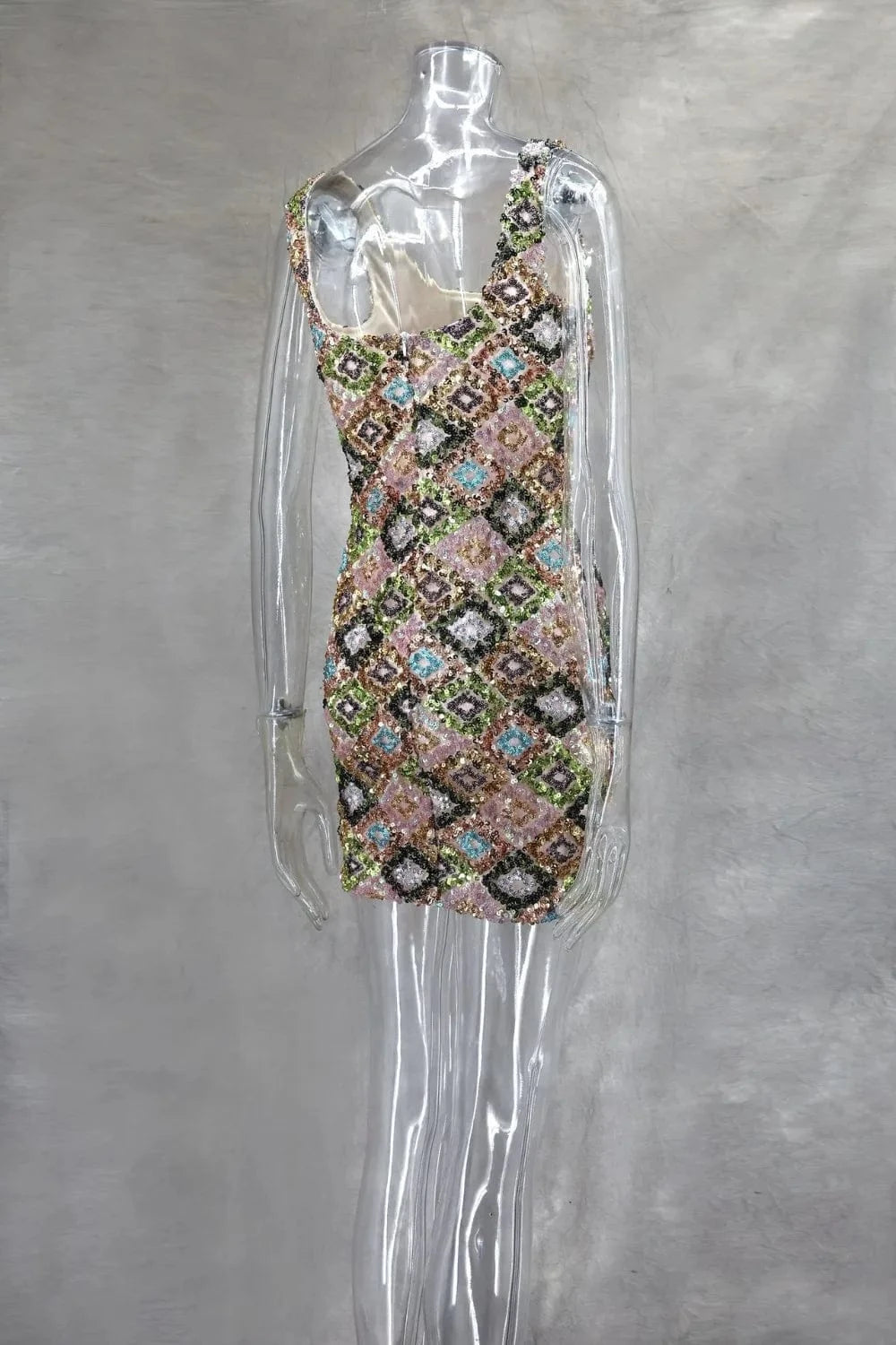 Colorful Rhombus Sequins Sexy Mini Dress Elegant Chic Straps Slit Bodycon Party Dresses Summer Holidays Evening Women Dress 2025