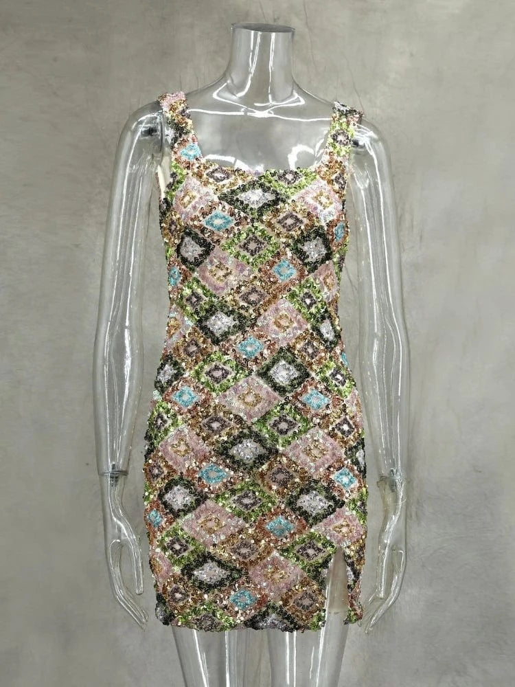 Colorful Rhombus Sequins Sexy Mini Dress Elegant Chic Straps Slit Bodycon Party Dresses Summer Holidays Evening Women Dress 2025