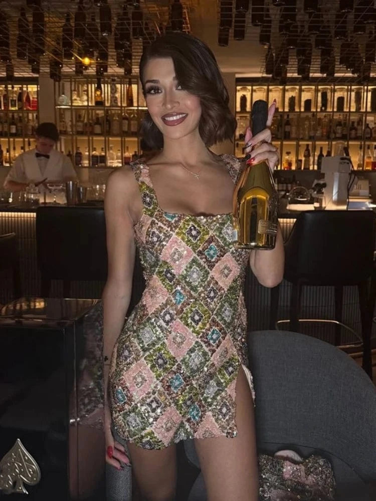 Colorful Rhombus Sequins Sexy Mini Dress Elegant Chic Straps Slit Bodycon Party Dresses Summer Holidays Evening Women Dress 2025