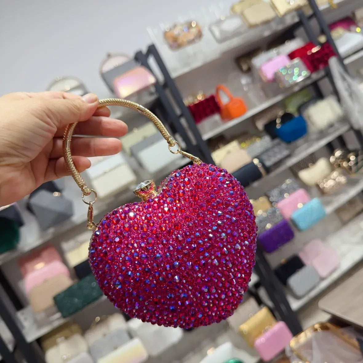 Colorful Rose Red Luxury Diamond Inlay Heart Shape Crystal Clutch Purse Stones Evening Wedding Party Shoulder Bag Handle Rhinestone Mini Handbags