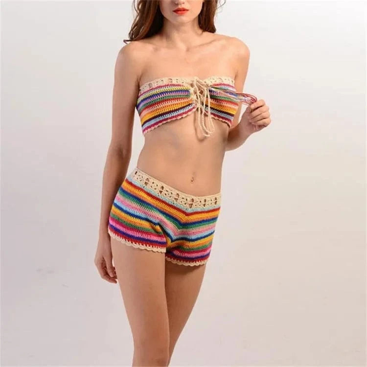 Colorful Stripes Bathing Suit Sexy biquini Womens Handmade Crochet knit Bikini Set Swimwear set Crop Top Shorts