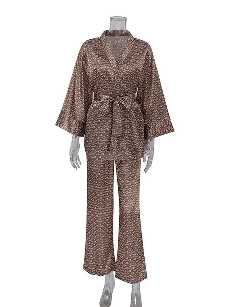 Comfy Pajamas Flare Sleeve Print Sleepwear Kimono Woman Night Robe Women's Nightwear 2024 Spring Fashion Home Suit Sets