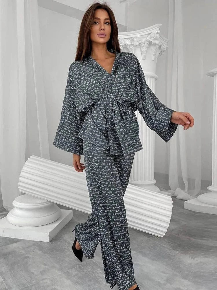 Comfy Pajamas Flare Sleeve Print Sleepwear Kimono Woman Night Robe Women's Nightwear 2024 Spring Fashion Home Suit Sets