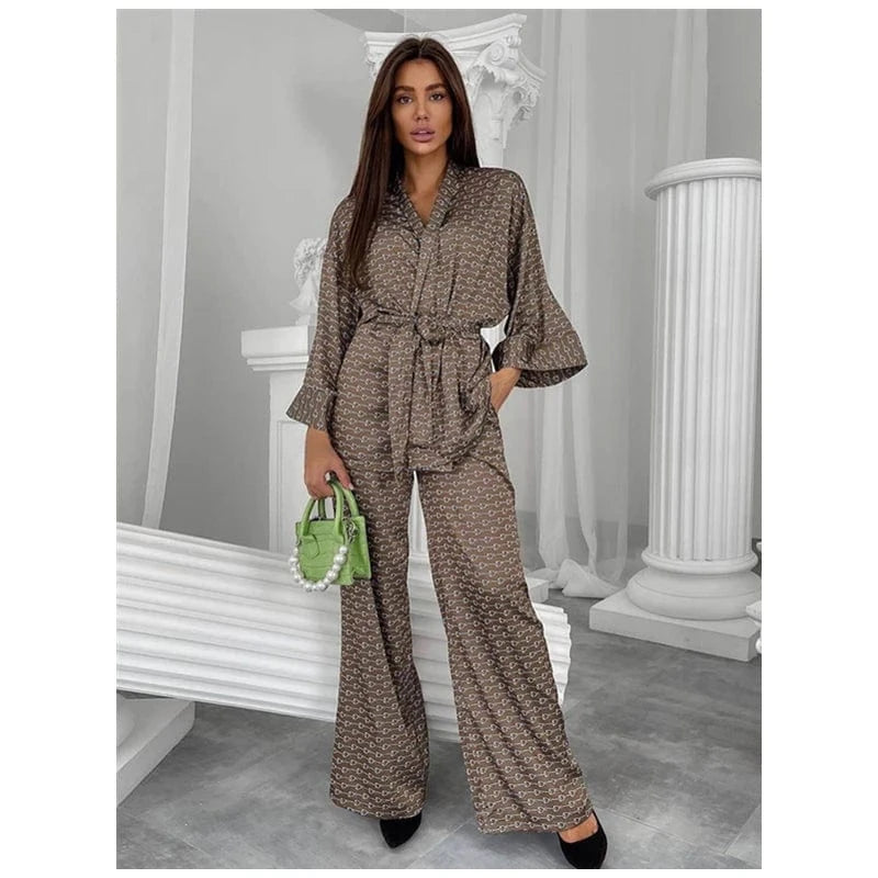 Comfy Pajamas Flare Sleeve Print Sleepwear Kimono Woman Night Robe Women's Nightwear 2024 Spring Fashion Home Suit Sets