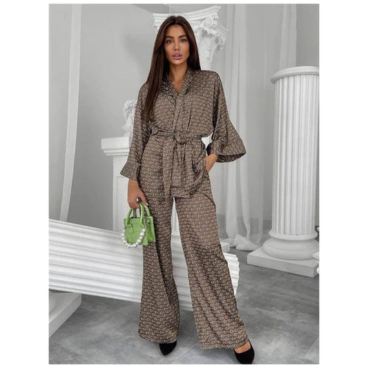 Comfy Pajamas Flare Sleeve Print Sleepwear Kimono Woman Night Robe Women's Nightwear 2024 Spring Fashion Home Suit Sets