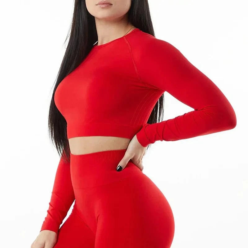 Conjuntos Deportivos Mujer Women'S Cropped Seamless Long Sleeve And Scrunch Legging Yoga Gym Fitness Active Wear Set