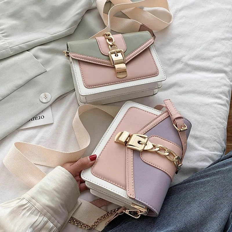 Contrast Color Fashion Chain Crossbody Bags PU Leather Ladies Handbags Luxury Small Women Hand Bags 2023