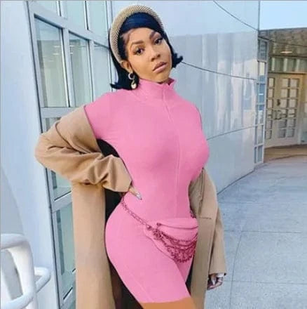 cool biker shorts jumpsuit turtleneck full sleeve jumpsuits 2024 women fitness slim rompers zipper long bodysuit skinny jogger