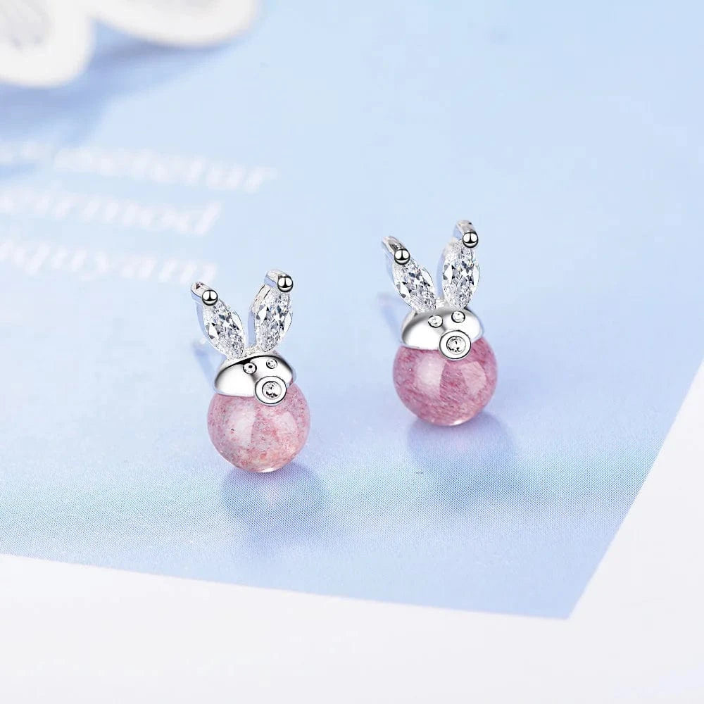 Copper White gold plated Refined Chic Dainty Cute Rabbit Ear Strawberry Crystal Zircon Stud Earrings for Women Trend Creative Party Gifts Jewelry