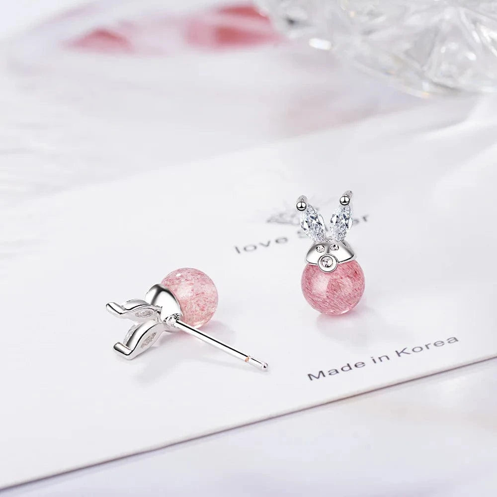 Copper White gold plated Refined Chic Dainty Cute Rabbit Ear Strawberry Crystal Zircon Stud Earrings for Women Trend Creative Party Gifts Jewelry