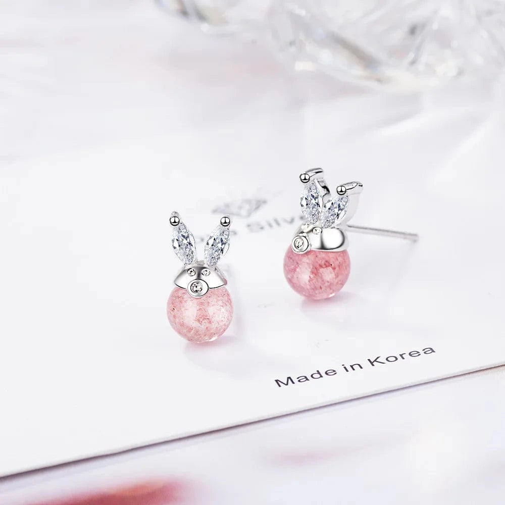 Copper White gold plated Refined Chic Dainty Cute Rabbit Ear Strawberry Crystal Zircon Stud Earrings for Women Trend Creative Party Gifts Jewelry
