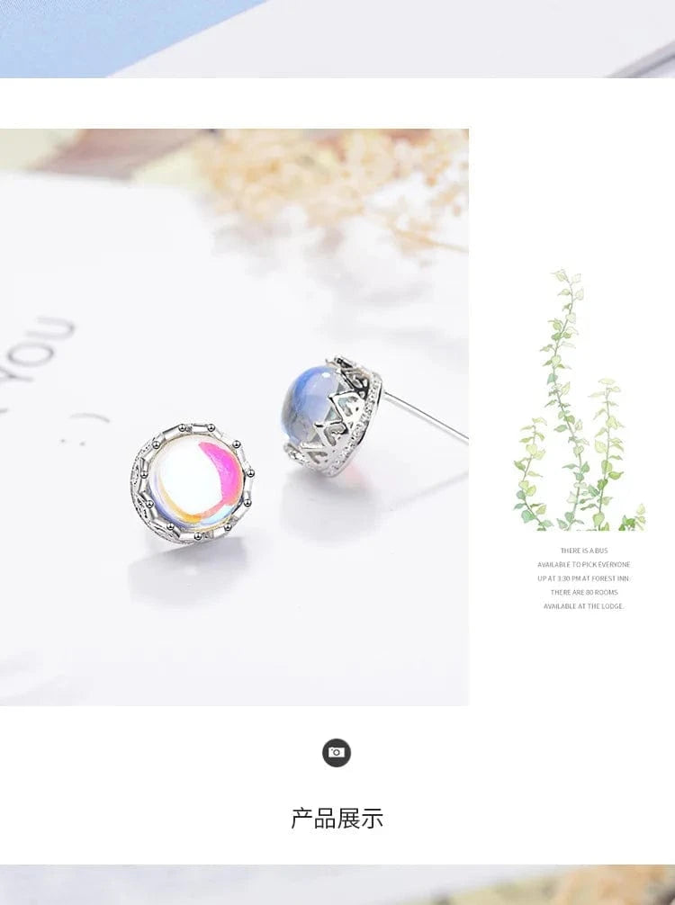 Copper White gold plated Refined Chic Dainty Moonlight Stone Crown Ear Nails Korean Earpiece Female Temperament Ear Ornaments Stud Earrings