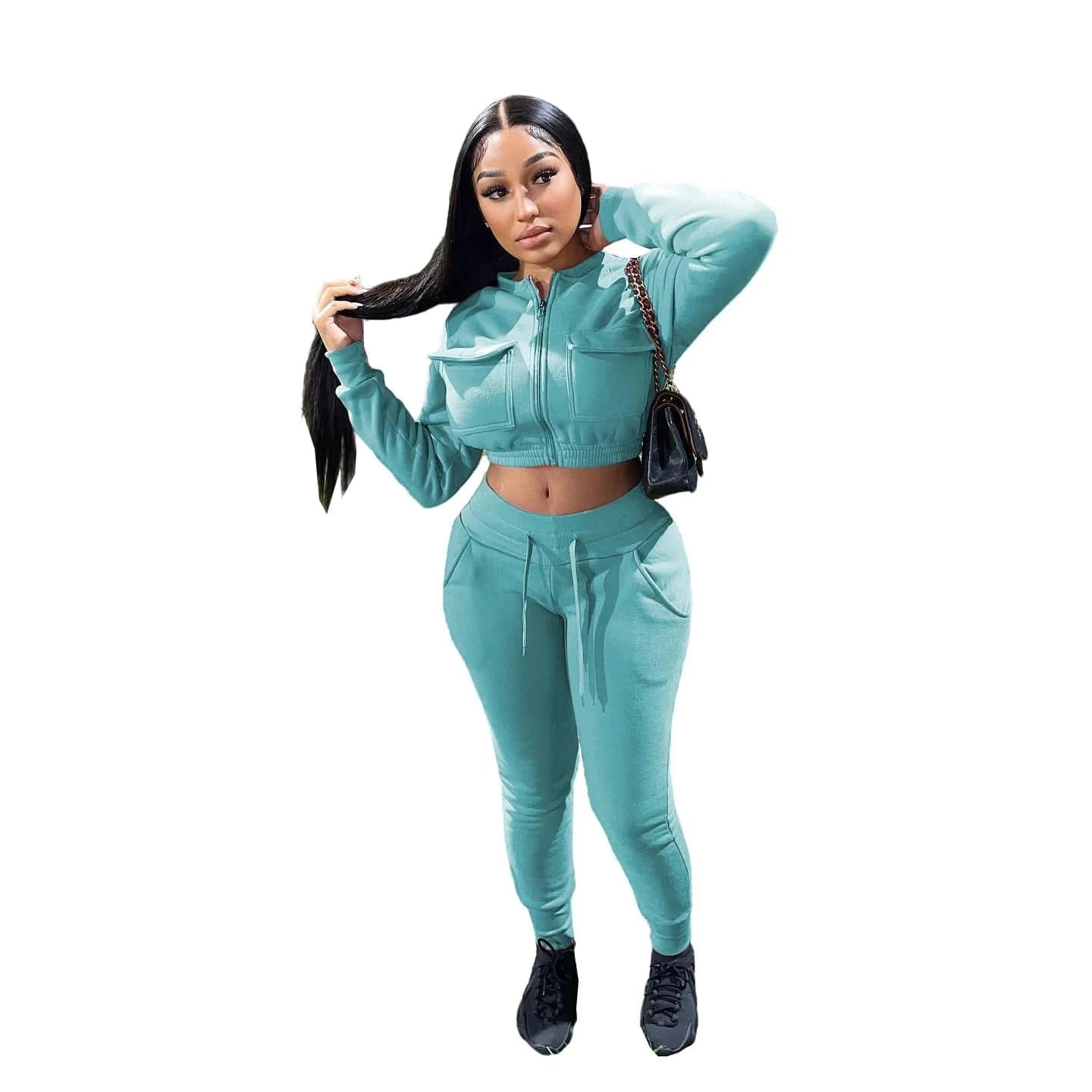 Cotton Blend Solid Women 2 Piece Set Tracksuit Warm Up Pocket Zipper Jackets Sweatshirts Jogging Pants Two Piece Set Sweatsuit