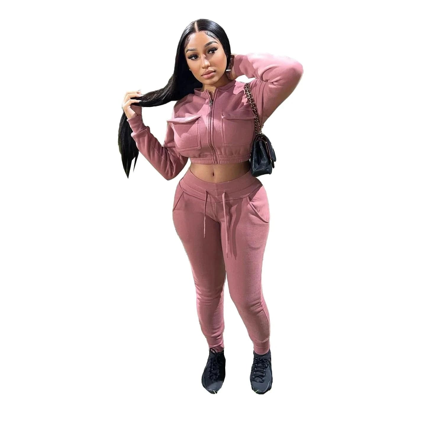 Cotton Blend Solid Women 2 Piece Set Tracksuit Warm Up Pocket Zipper Jackets Sweatshirts Jogging Pants Two Piece Set Sweatsuit